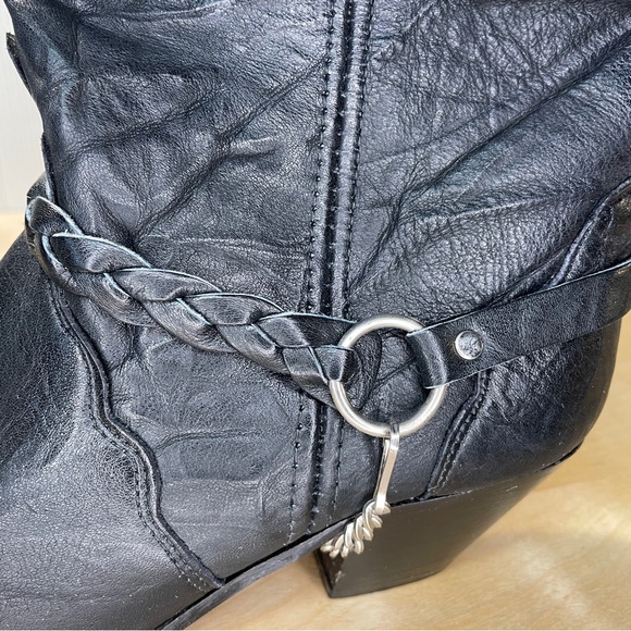 Vintage 80s Genuine Leather Cowboy Boots Braided Harness O-Ring Chain Metal Tip - Picture 6 of 11